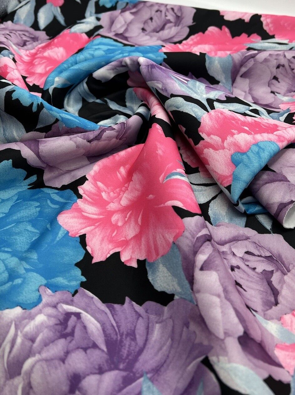 Large Multi Floral Printed Plain Scuba 4 Way Stretch Jersey Fabric