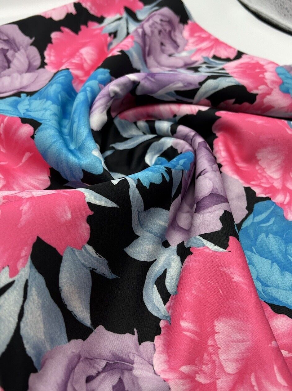 Large Multi Floral Printed Plain Scuba 4 Way Stretch Jersey Fabric