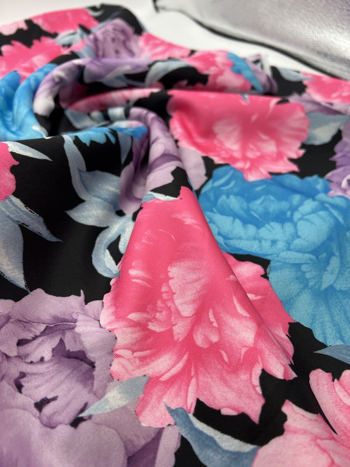 Large Multi Floral Printed Plain Scuba 4 Way Stretch Jersey Fabric