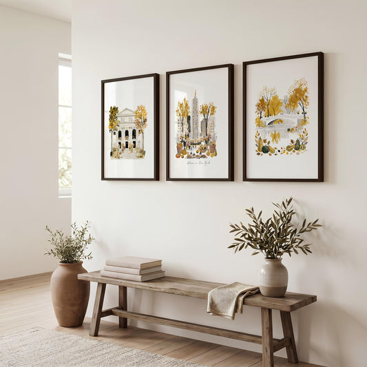 Large New York Wall Art "Autumn in New York" Ochre Watercolour Manhattan Scenes | Set of 3