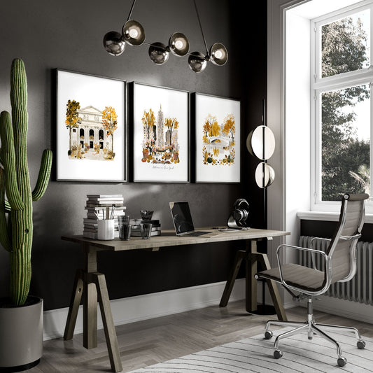 Large Office Wall Art "Autumn in New York" NYC Watercolour Travel Prints | Set of 3