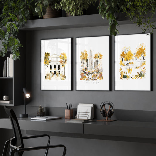 Large Office Wall Art "Autumn in New York" NYC Watercolour Travel Prints | Set of 3
