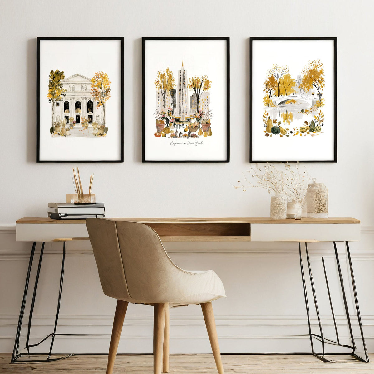 Large Office Wall Art "Autumn in New York" NYC Watercolour Travel Prints | Set of 3