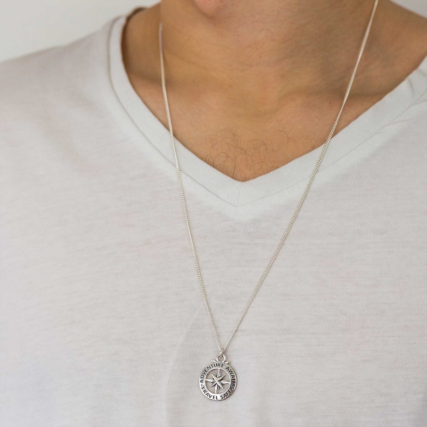 Travel Safe Outline Compass Large St Christopher Silver Necklace