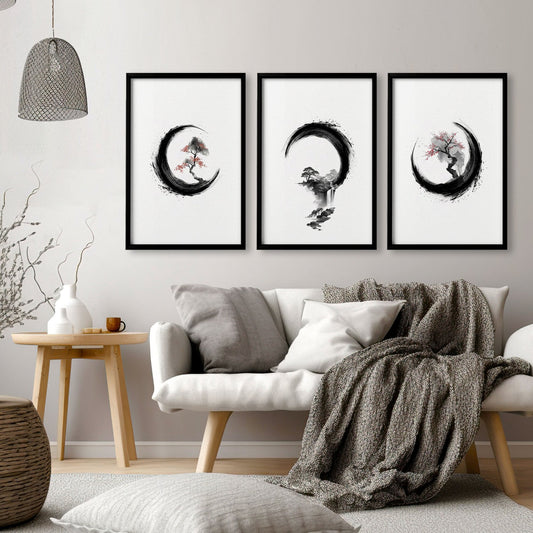 Large Painting for Living Room Japandi Enso Circle Ink Wall Art Prints | Set of 3