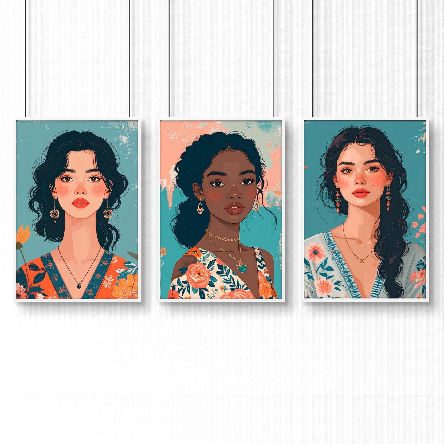 Large Pictures For Walls | Set of 3 Boho Women Wall art Prints