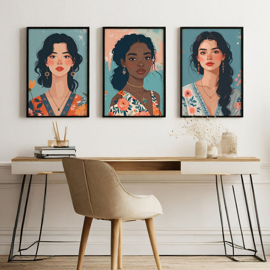 Large Pictures For Walls | Set of 3 Boho Women Wall art Prints
