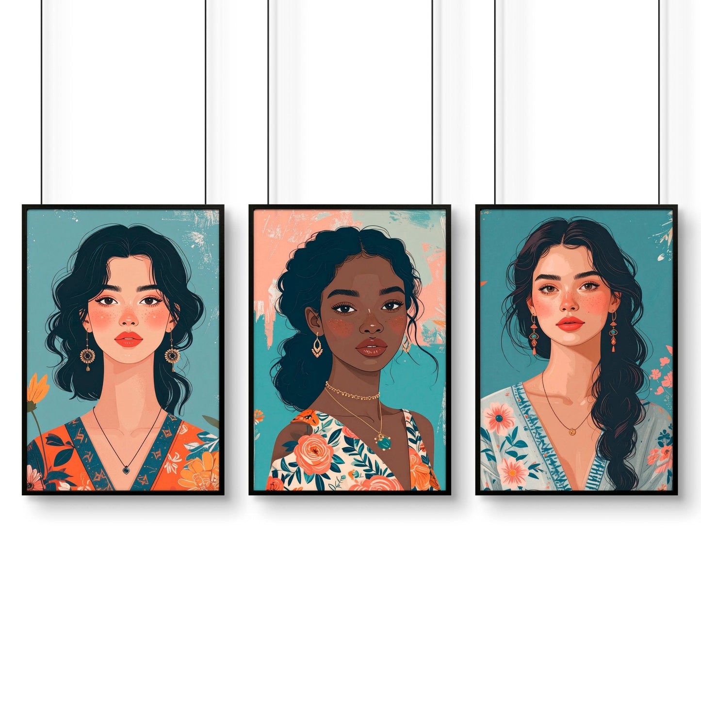 Large Pictures For Walls | Set of 3 Boho Women Wall art Prints