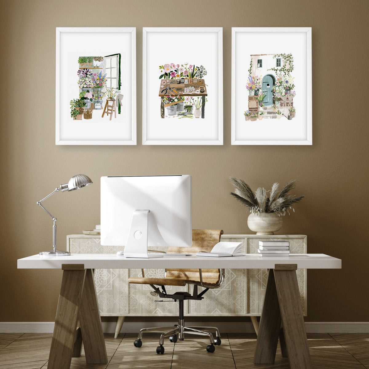 Large Wall Art Green Cottage Flower Shop Illustration | Set of 3