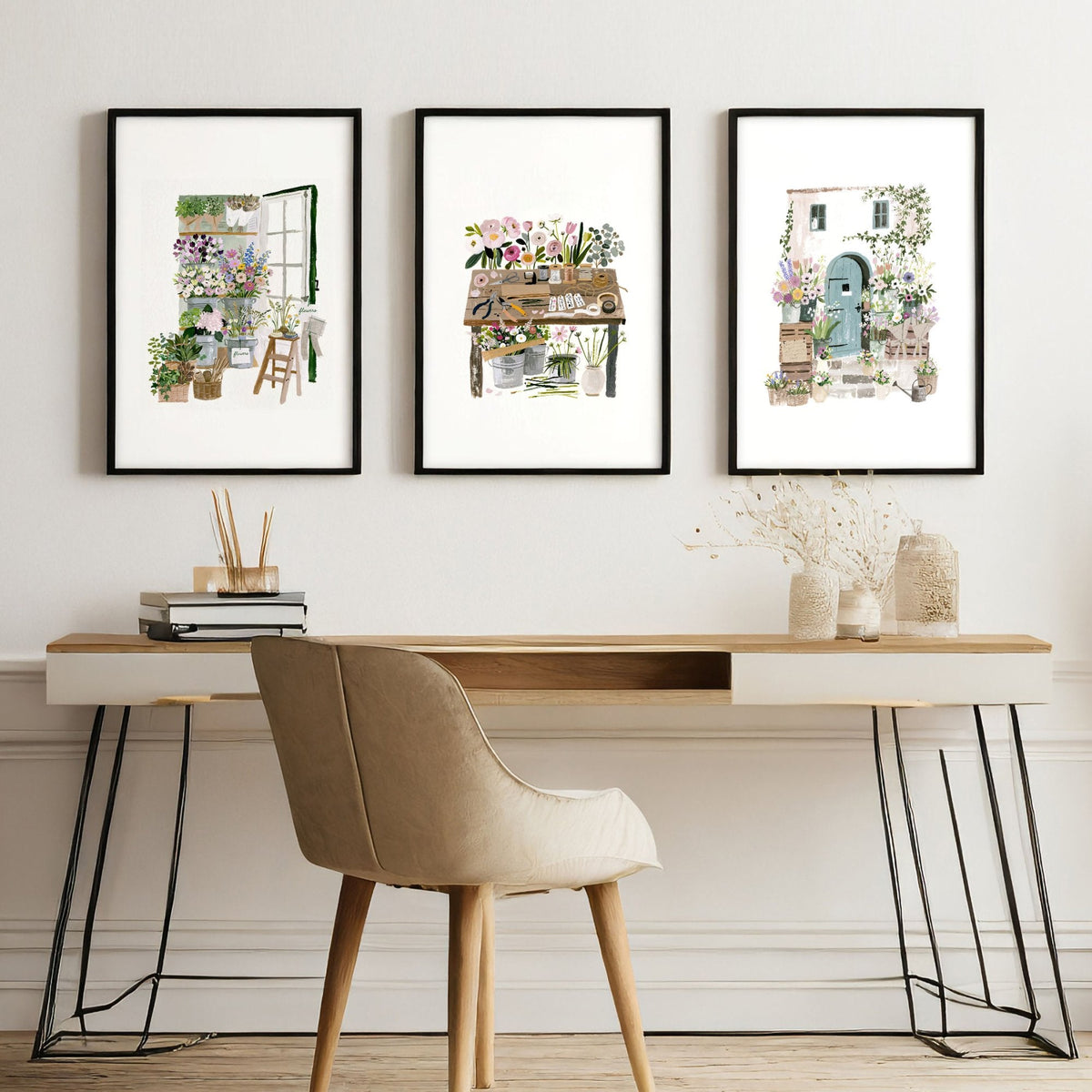 Large Wall Art Green Cottage Flower Shop Illustration | Set of 3