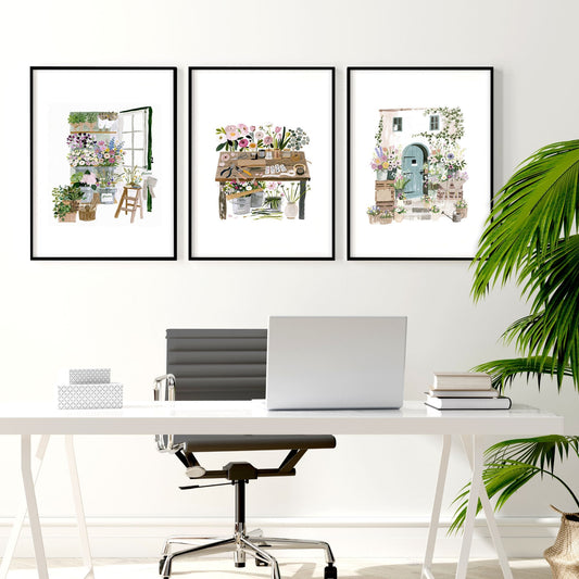 Large Wall Art Green Cottage Flower Shop Illustration | Set of 3