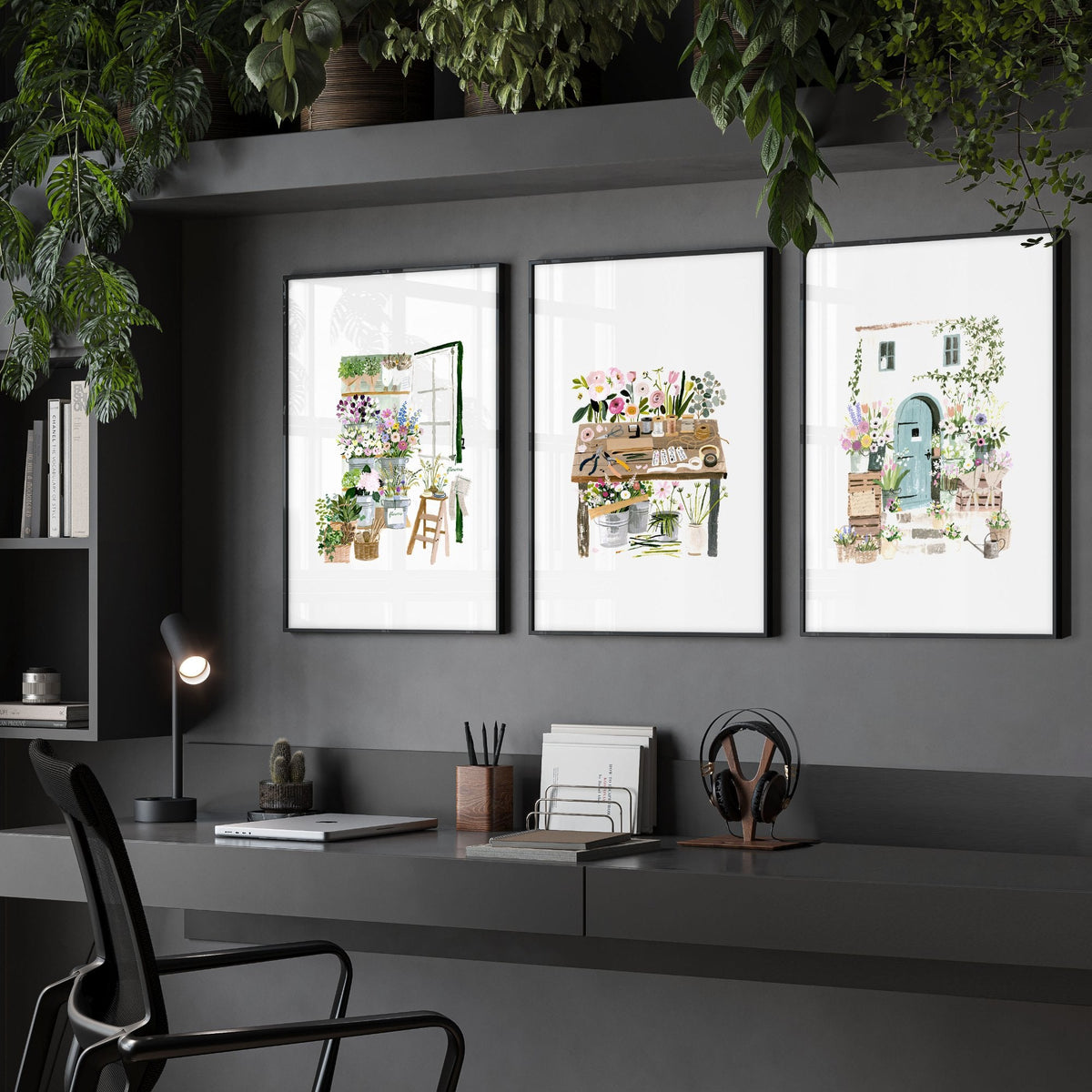 Large Wall Art Green Cottage Flower Shop Illustration | Set of 3