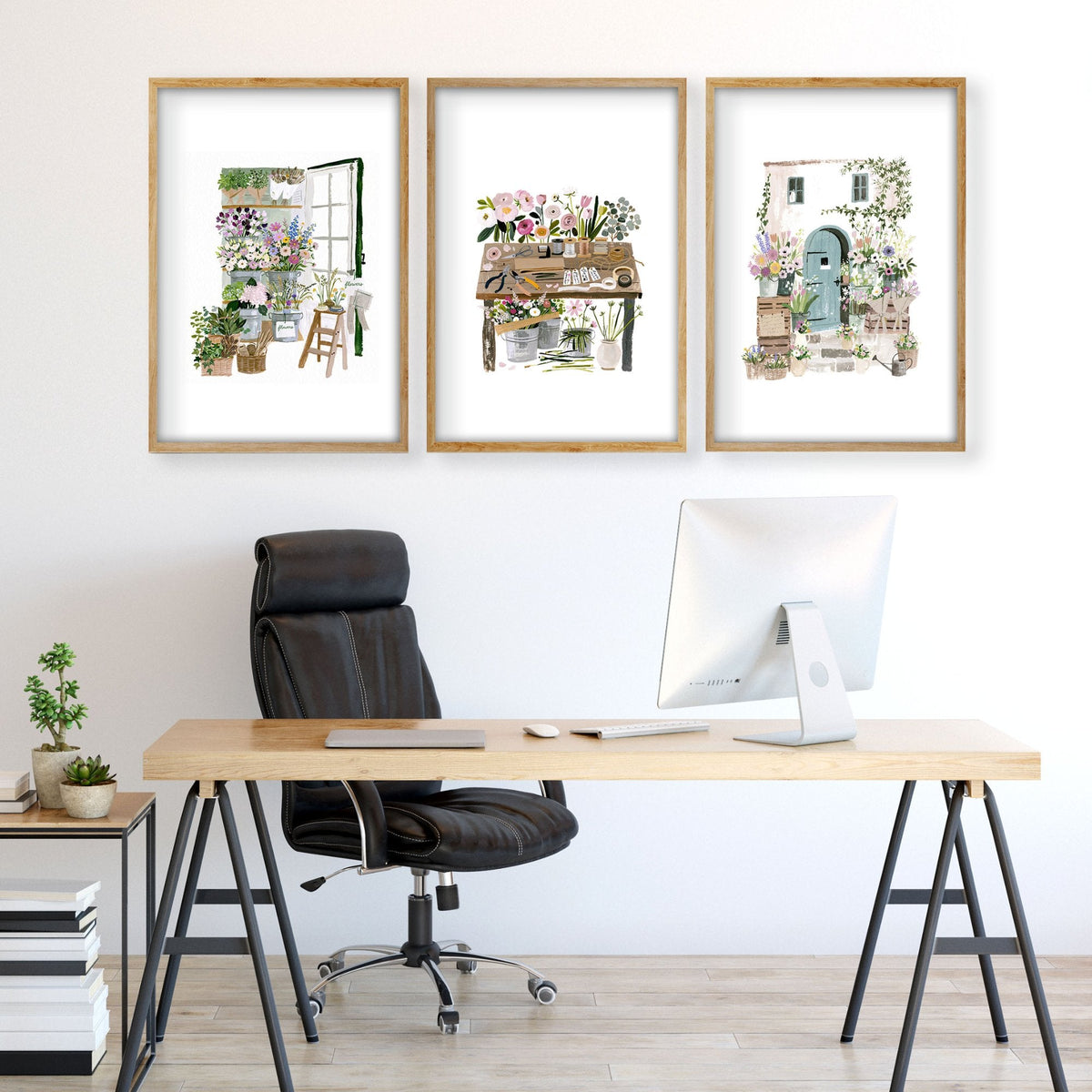 Large Wall Art Green Cottage Flower Shop Illustration | Set of 3