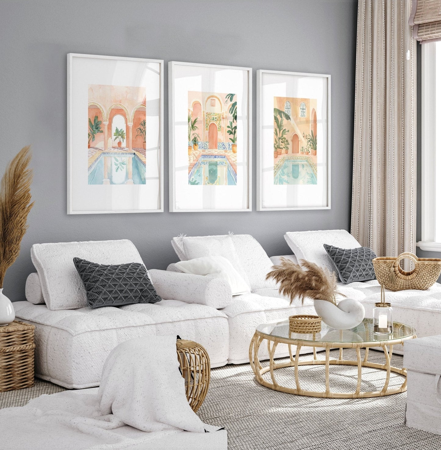 Large Wall Pictures For Living Room | Set of 3 Beach Decor Wall art Prints