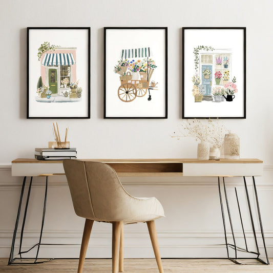 Large White Framed Pictures Botanical Flower Shop & Cottage Door Wall Art Prints | Set of 3