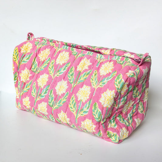 Quilted block print make up bag, large cosmetic pouch