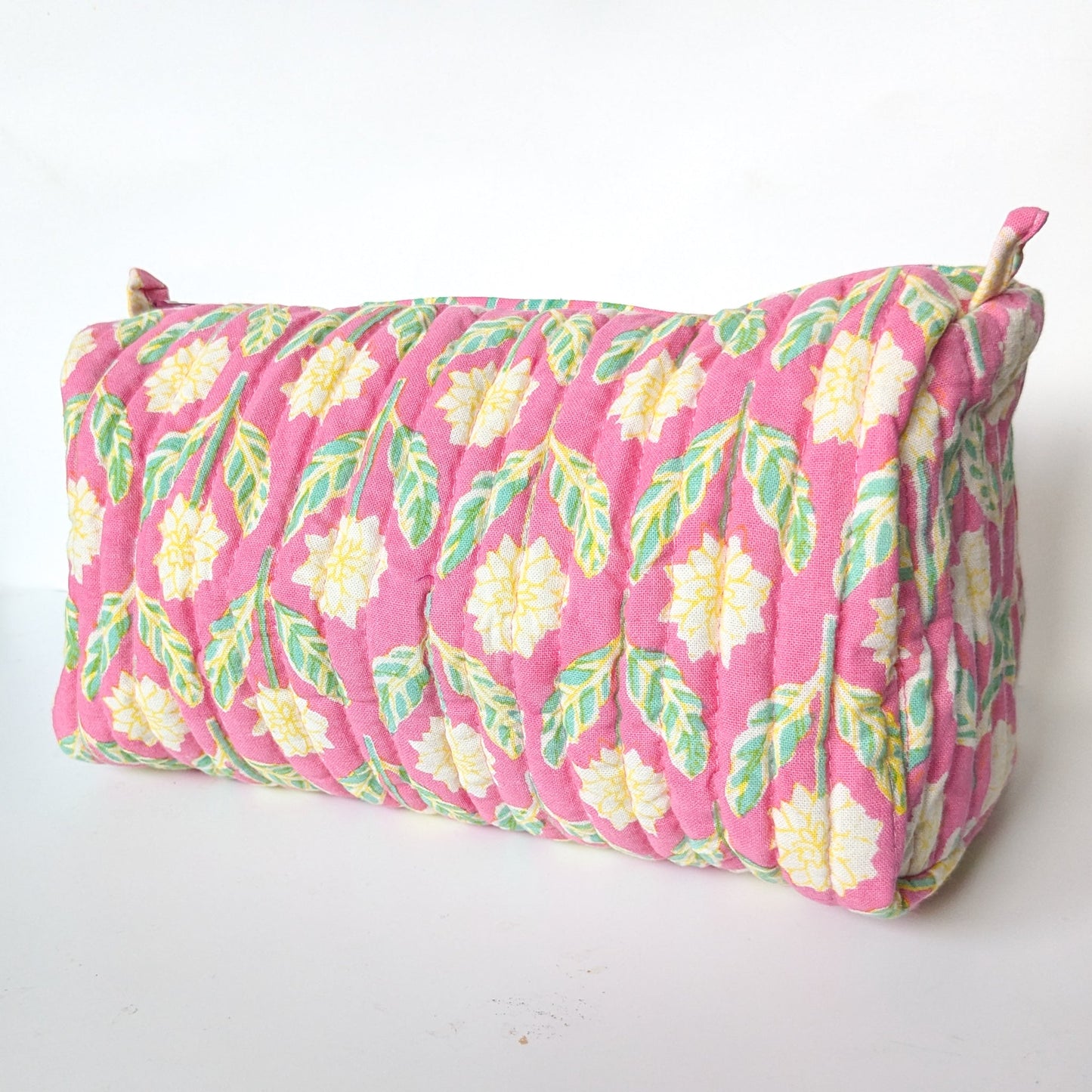 Quilted block print make up bag, large cosmetic pouch