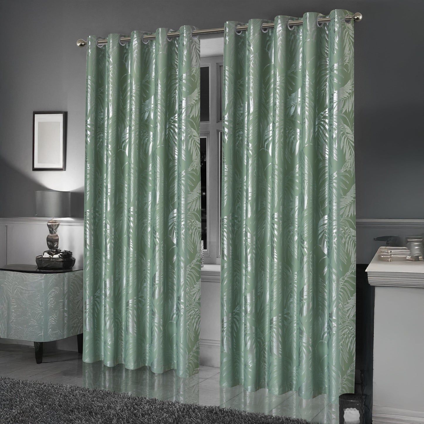 Leaf Sage Green Sparkle Blackout Curtains Super Soft Thermal Insulated Eyelet Drapes for Living Room & Bedroom 2 Panels by OLIVIA ROCCO