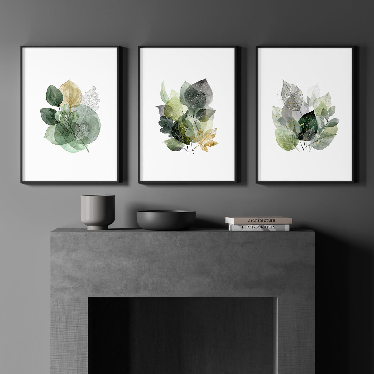 Leaves Print Watercolour Botanical Green & Gold-Tone Wall Art | Set of 3