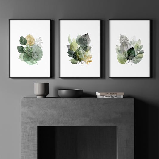 Leaves Print Watercolour Botanical Green & Gold-Tone Wall Art | Set of 3