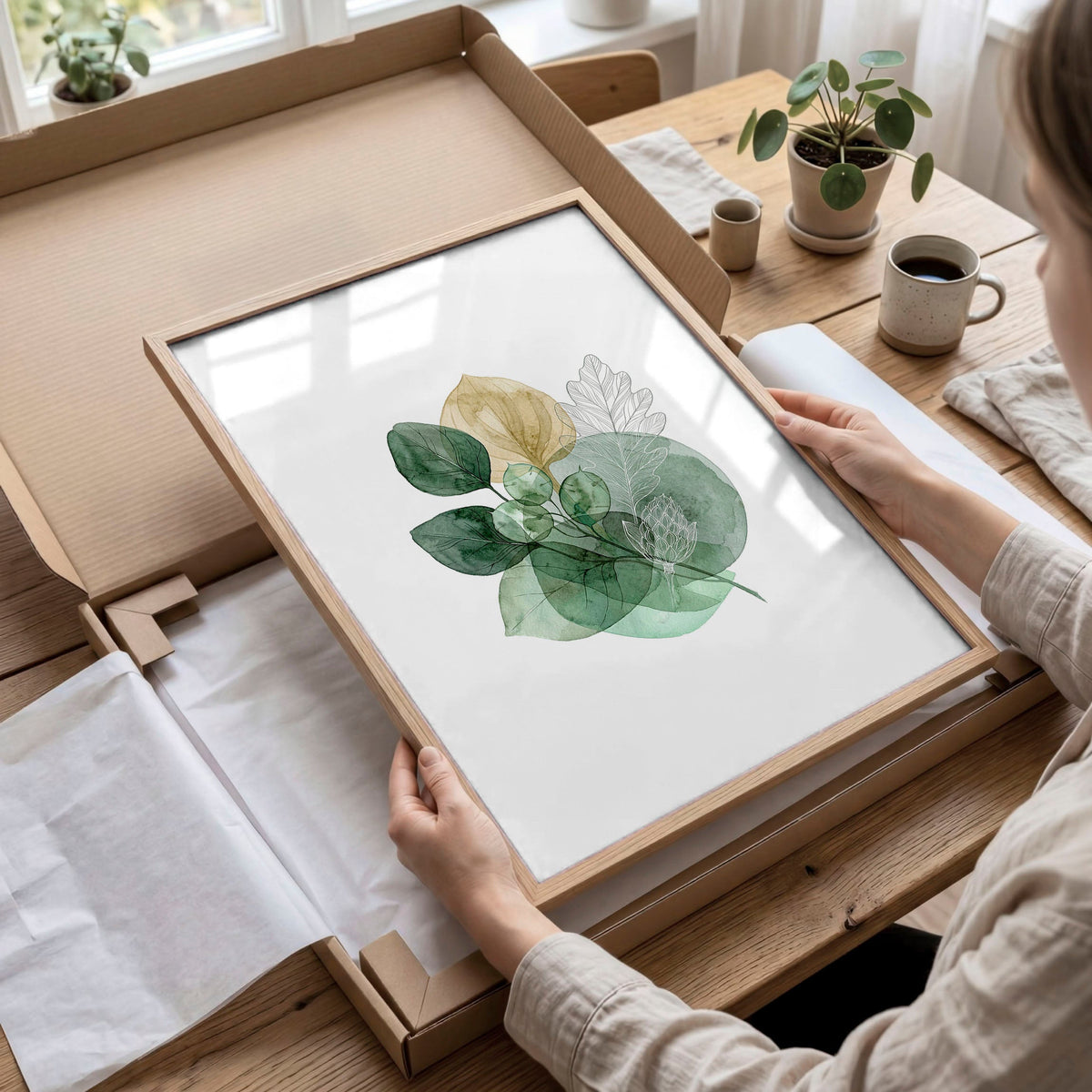 Leaves Print Watercolour Botanical Green & Gold-Tone Wall Art | Set of 3