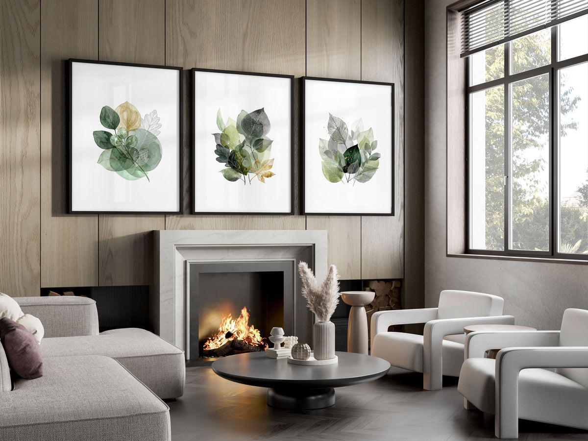 Leaves Print Watercolour Botanical Green & Gold-Tone Wall Art | Set of 3
