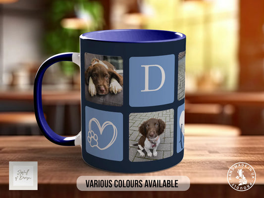 Personalised Dog Mug - Blue Photo Grid - Multiple Mug Colours