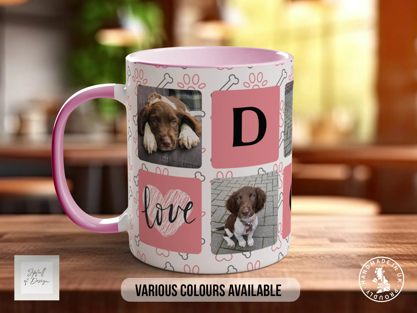 Personalised Dog Mug - Pink Photo Grid - Multiple Mug Colours
