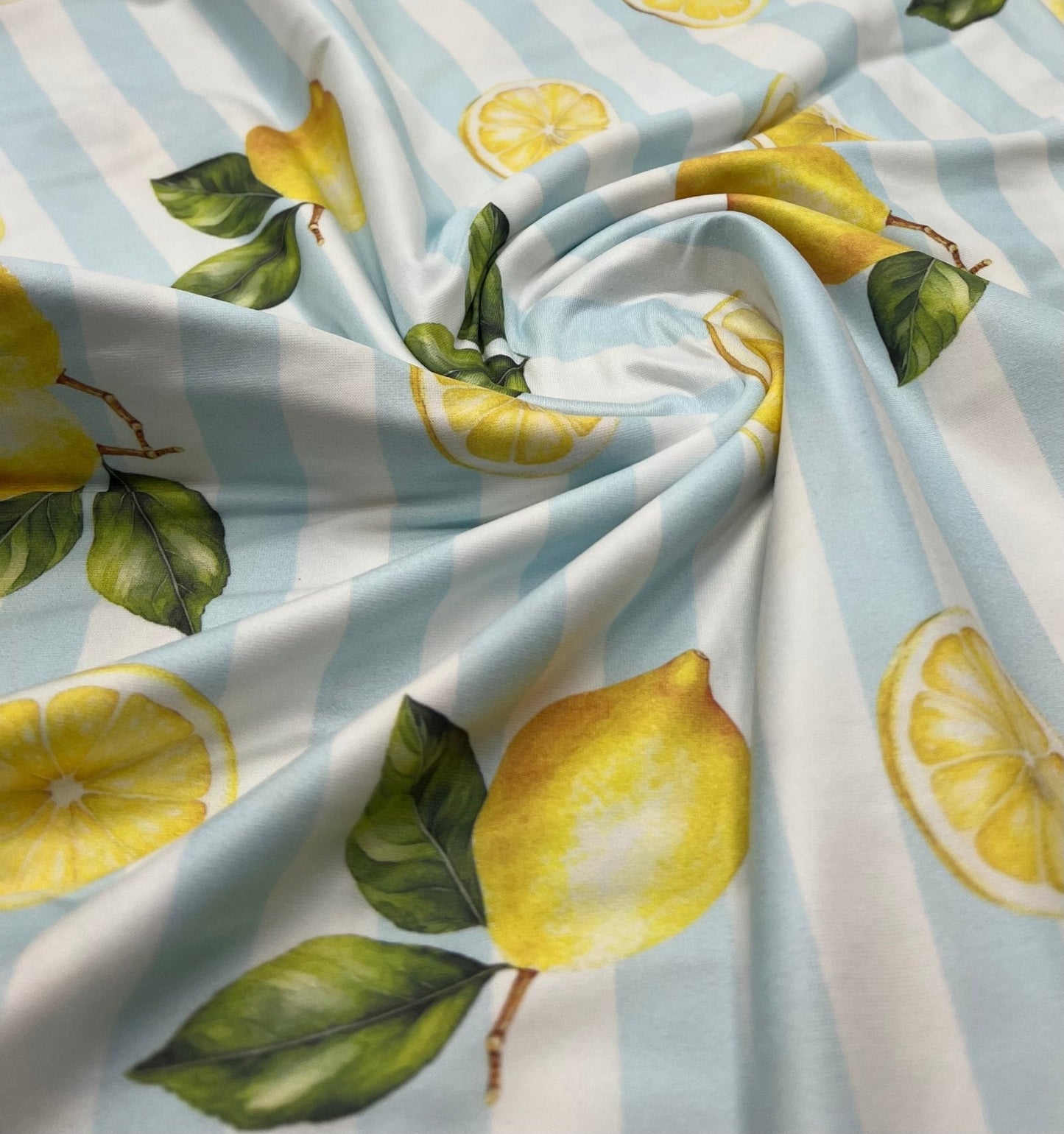 Lemon Blue Stripe Super Soft Print Spun Poly Stretch Fabric