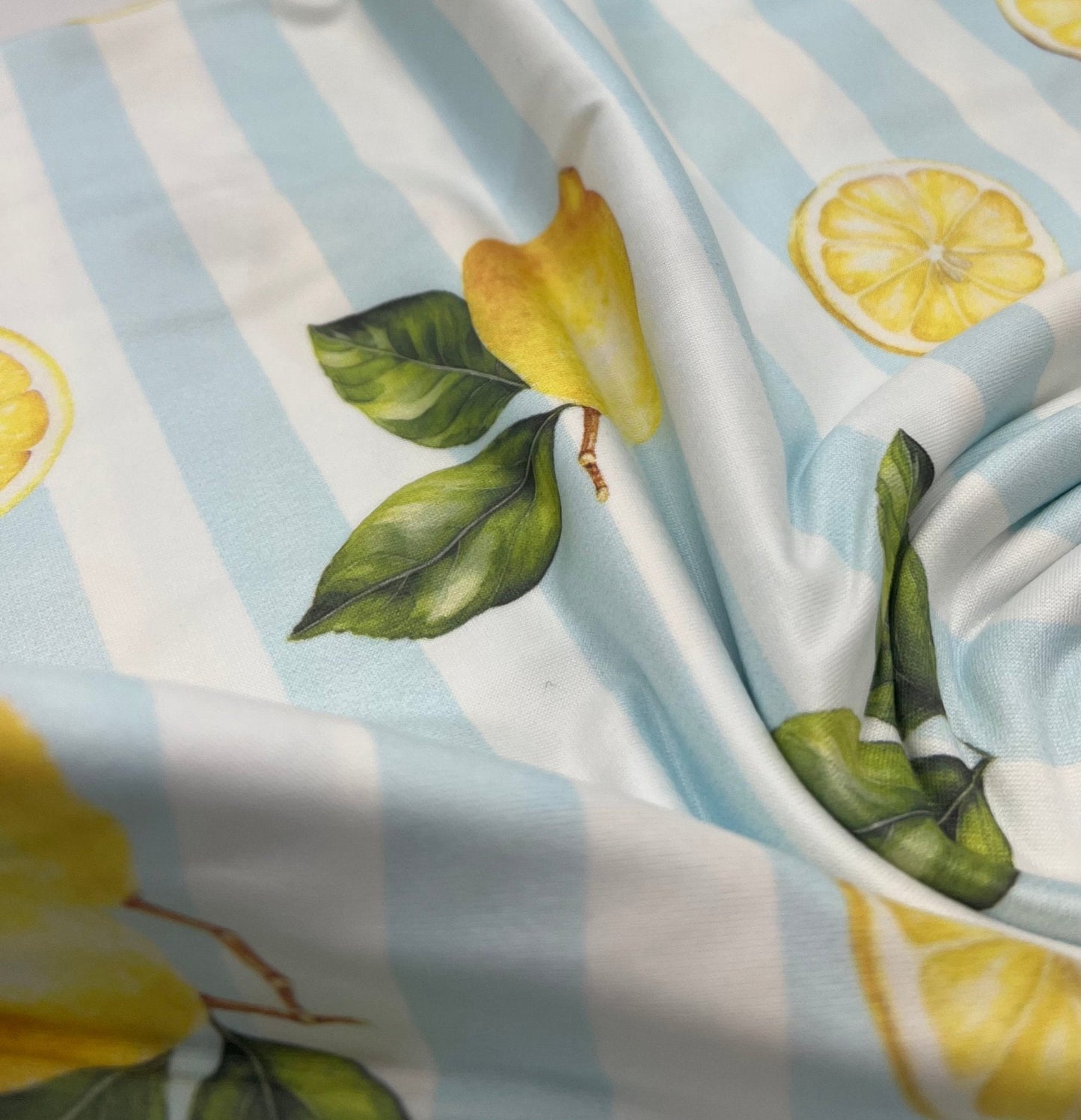 Lemon Blue Stripe Super Soft Print Spun Poly Stretch Fabric