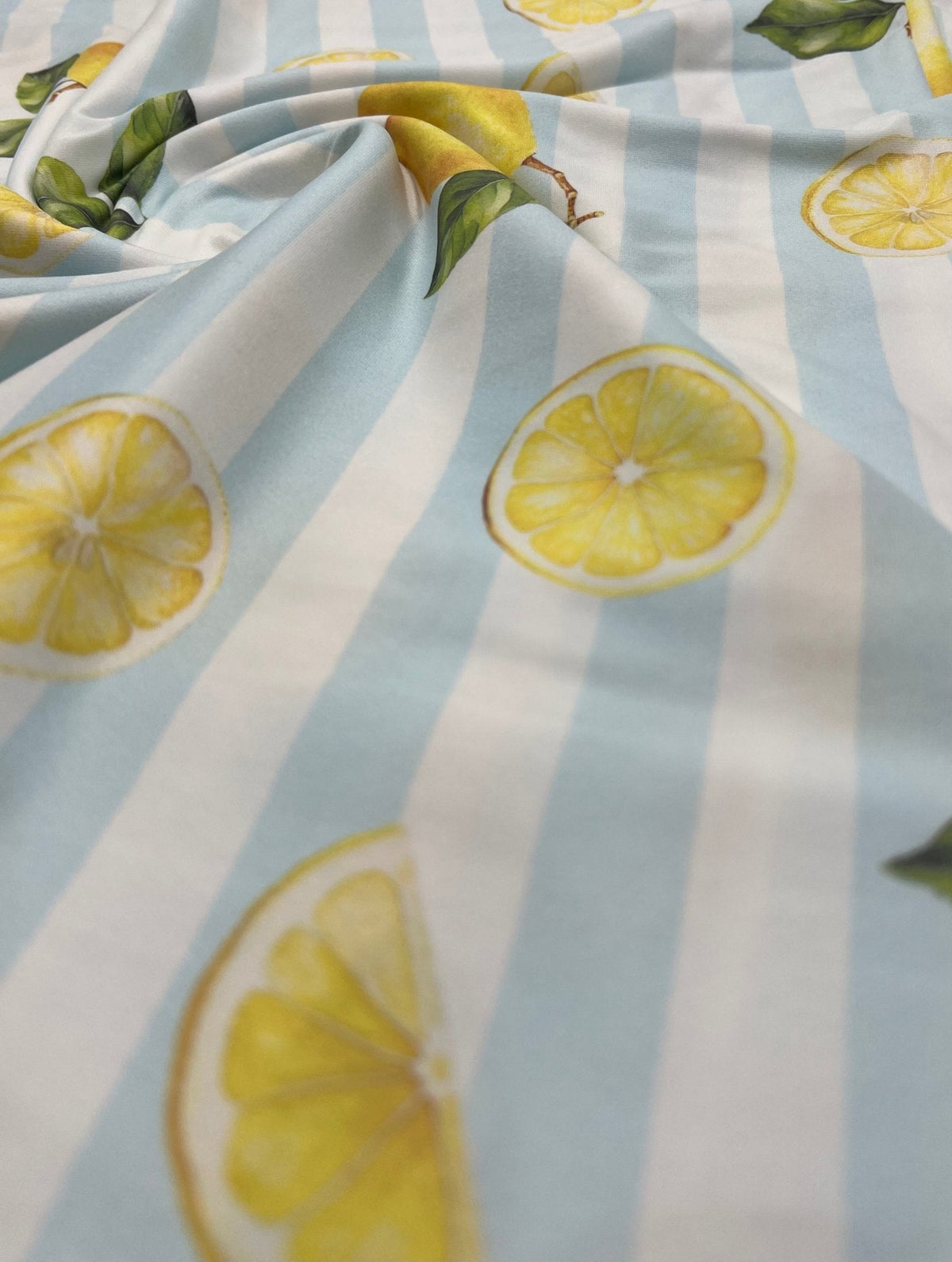 Lemon Blue Stripe Super Soft Print Spun Poly Stretch Fabric
