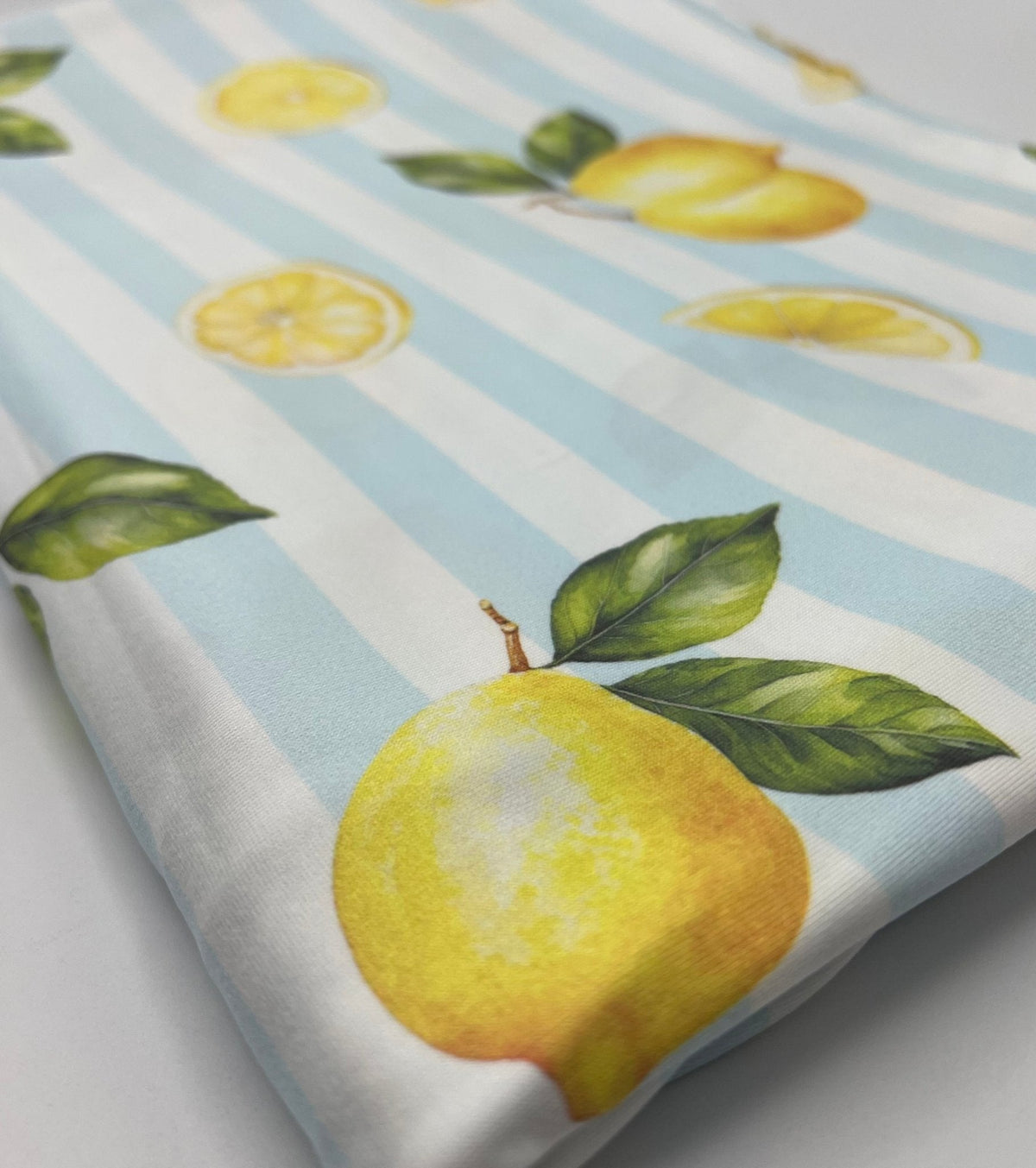 Lemon Blue Stripe Super Soft Print Spun Poly Stretch Fabric