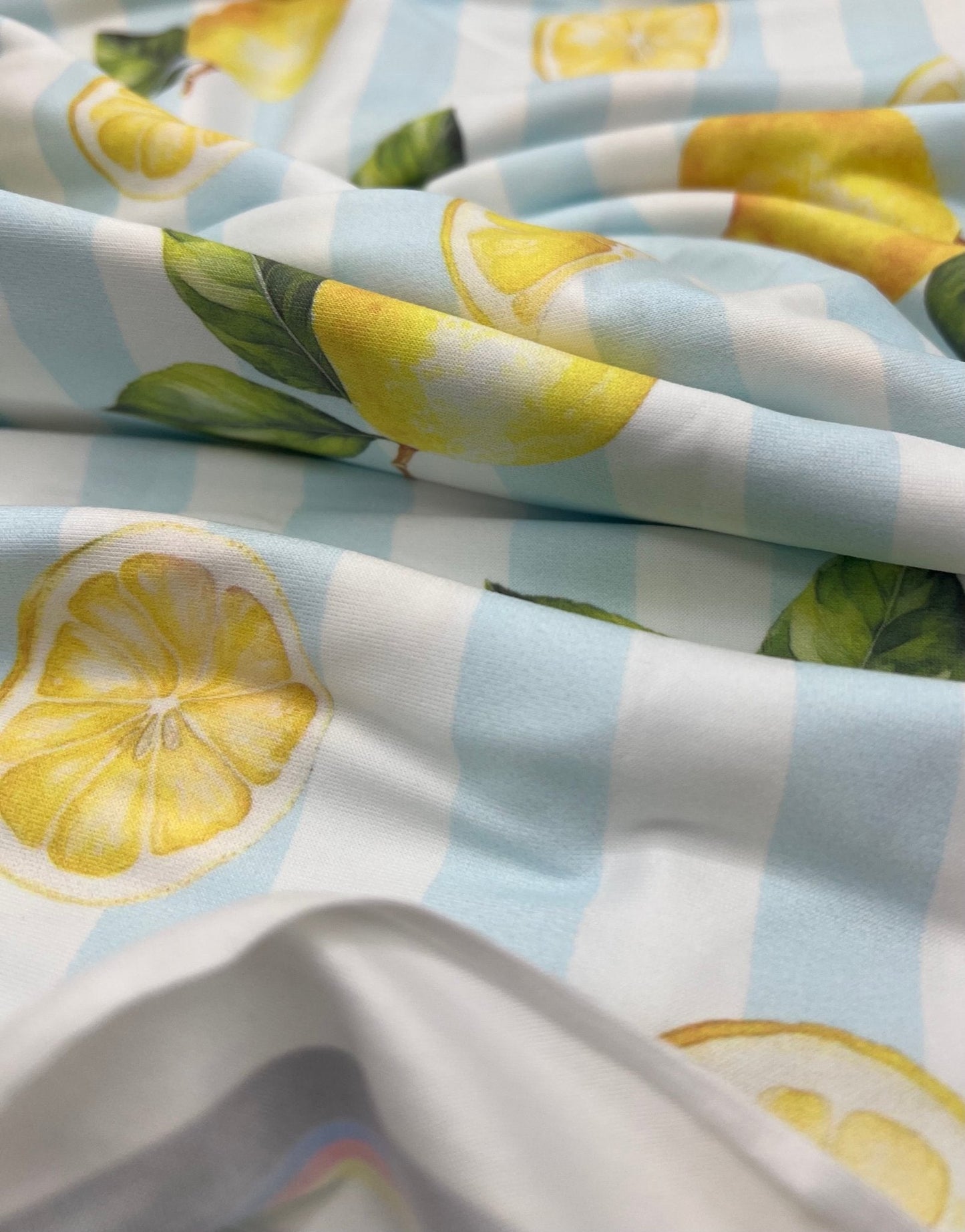 Lemon Blue Stripe Super Soft Print Spun Poly Stretch Fabric