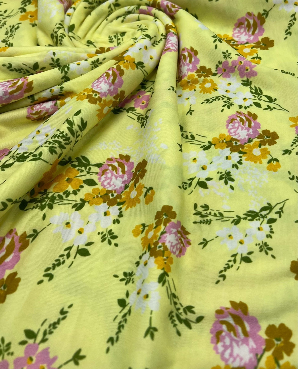 Lemon Yellow Floral Print Spun Poly Stretch Fabric