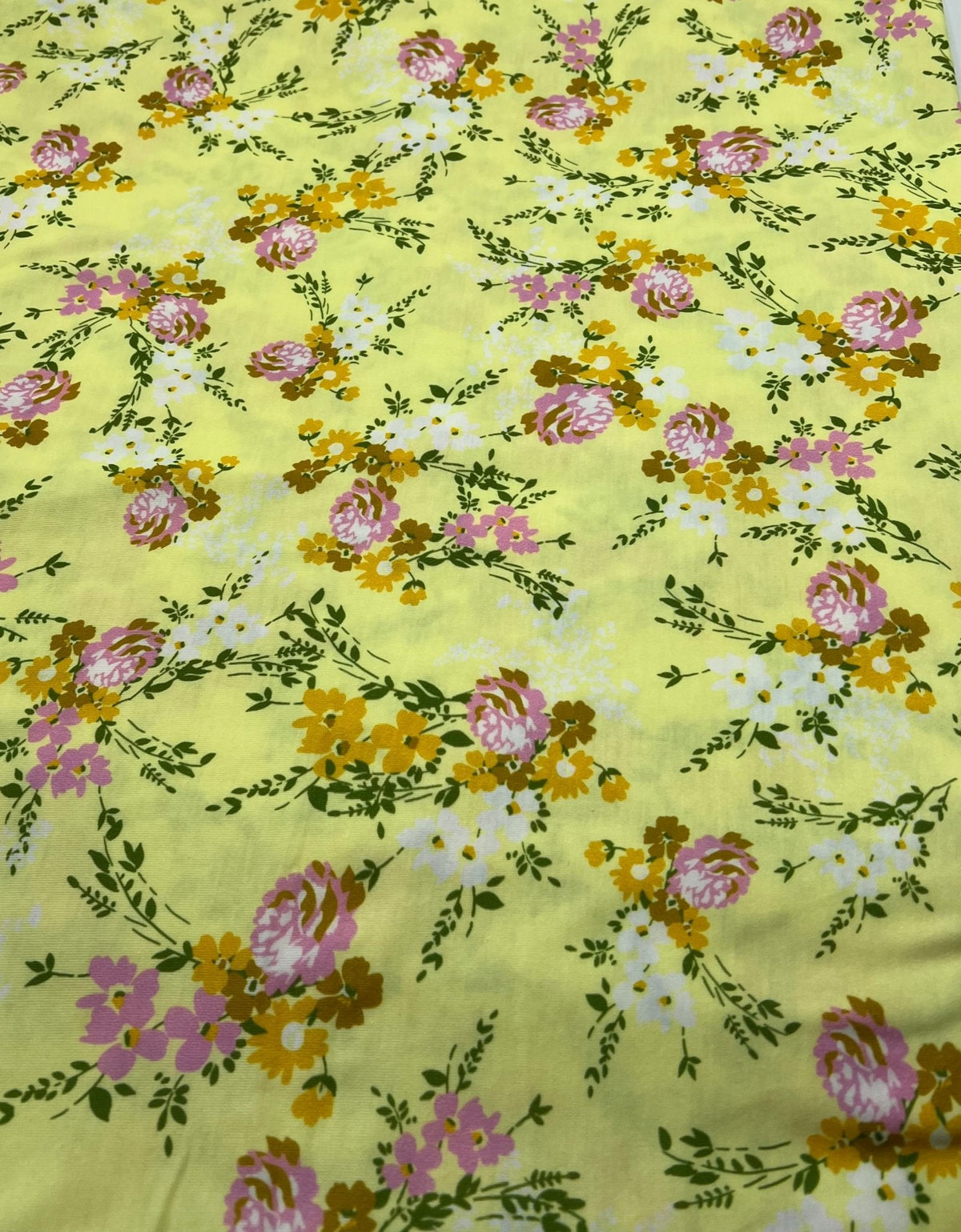 Lemon Yellow Floral Print Spun Poly Stretch Fabric