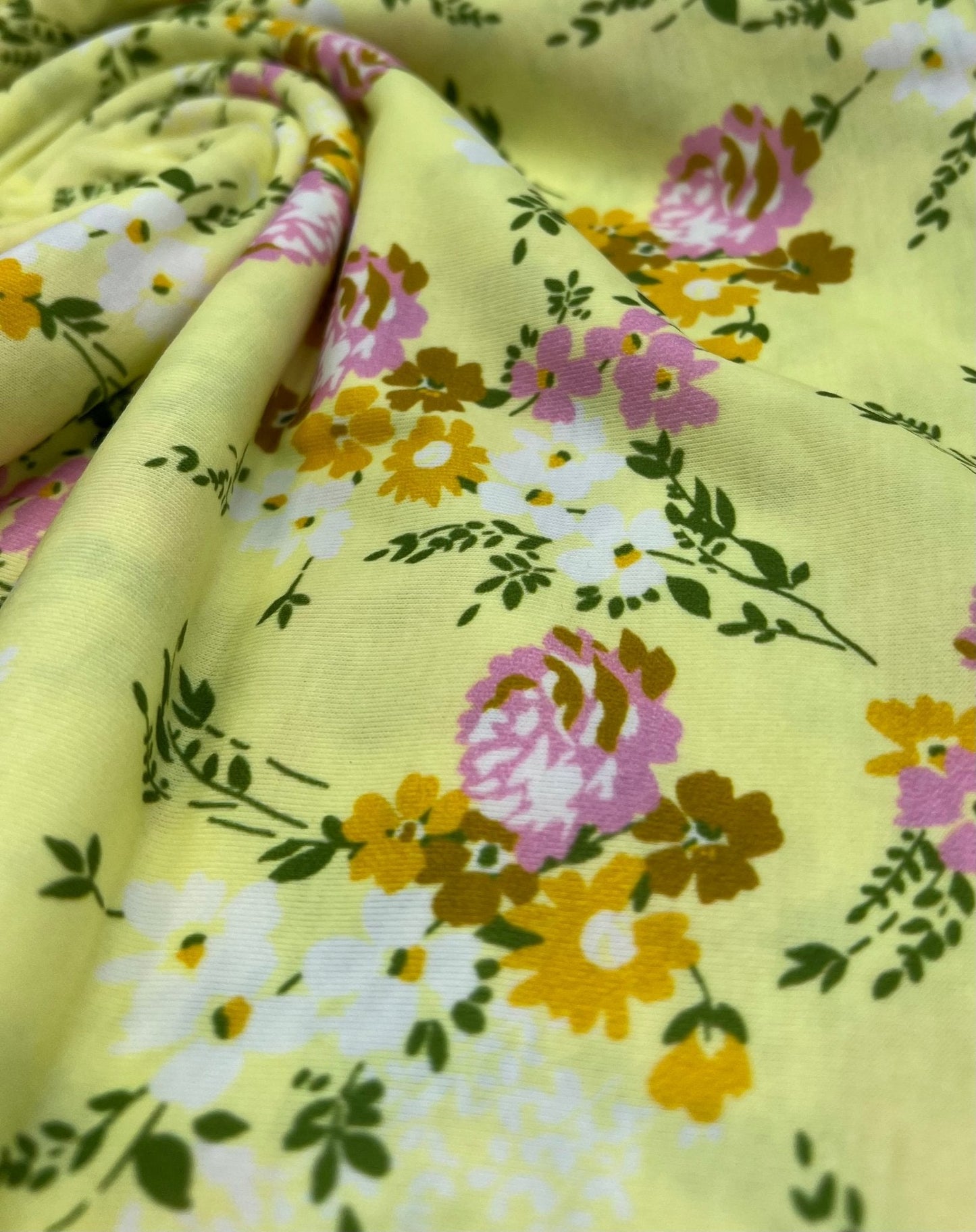 Lemon Yellow Floral Print Spun Poly Stretch Fabric