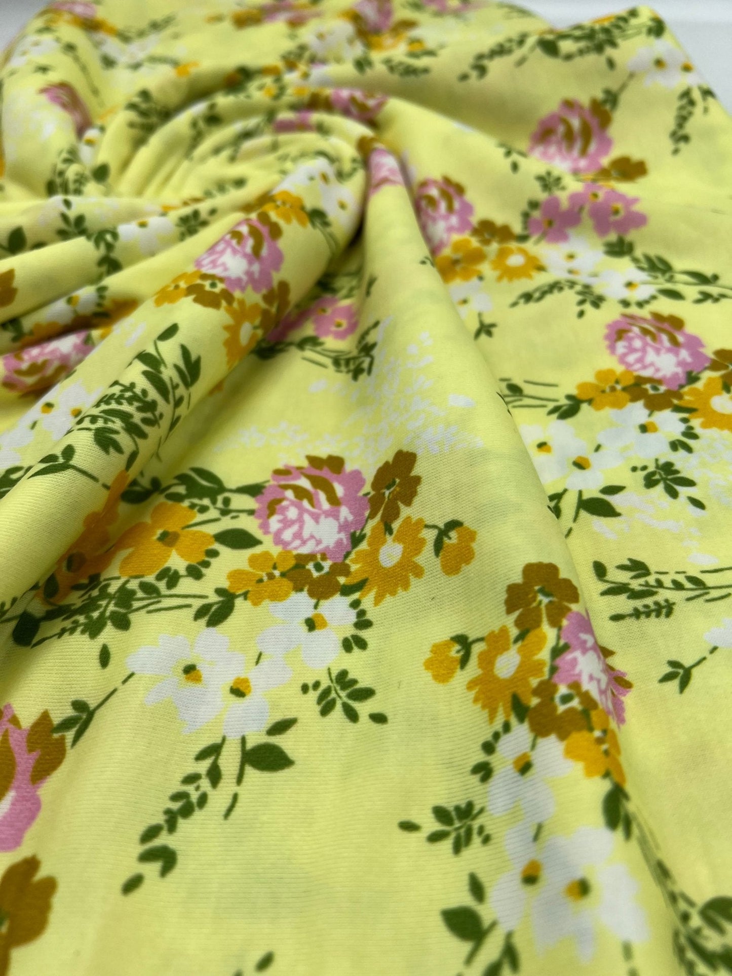 Lemon Yellow Floral Print Spun Poly Stretch Fabric