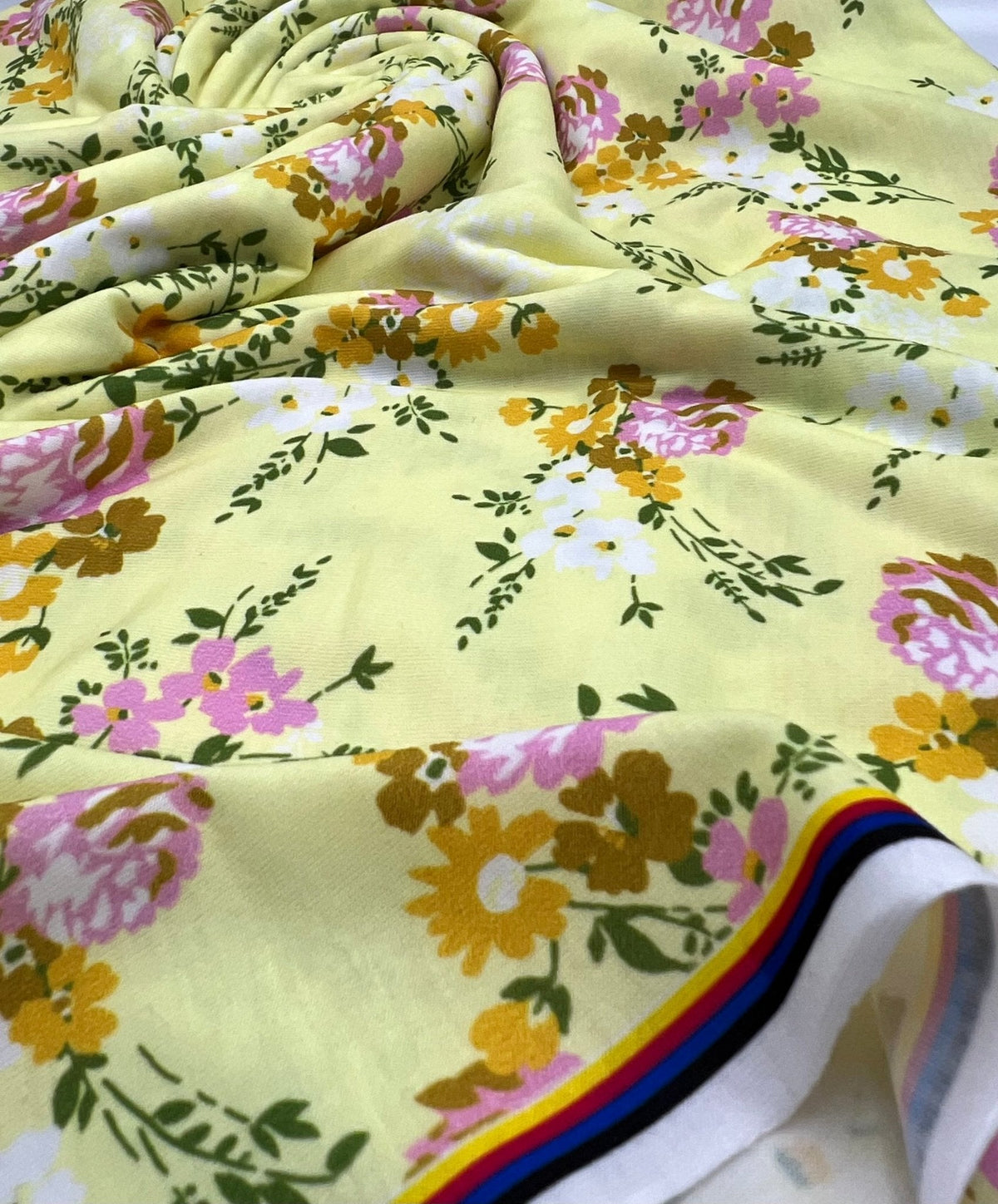 Lemon Yellow Floral Print Spun Poly Stretch Fabric
