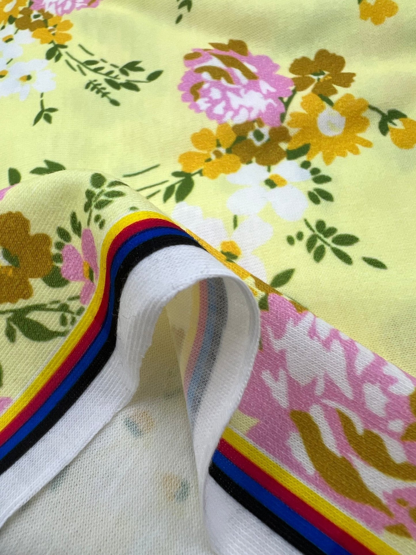 Lemon Yellow Floral Print Spun Poly Stretch Fabric