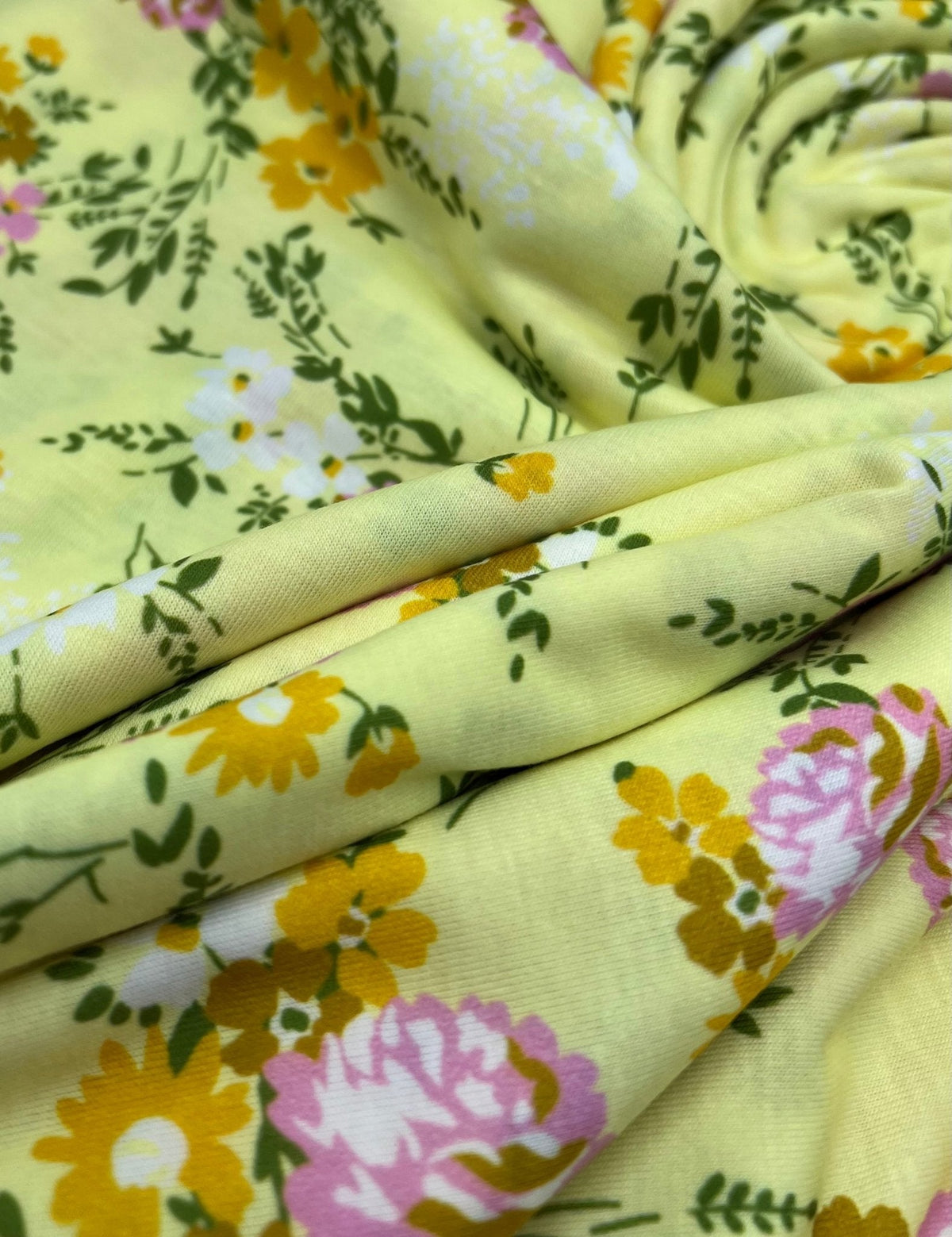 Lemon Yellow Floral Print Spun Poly Stretch Fabric