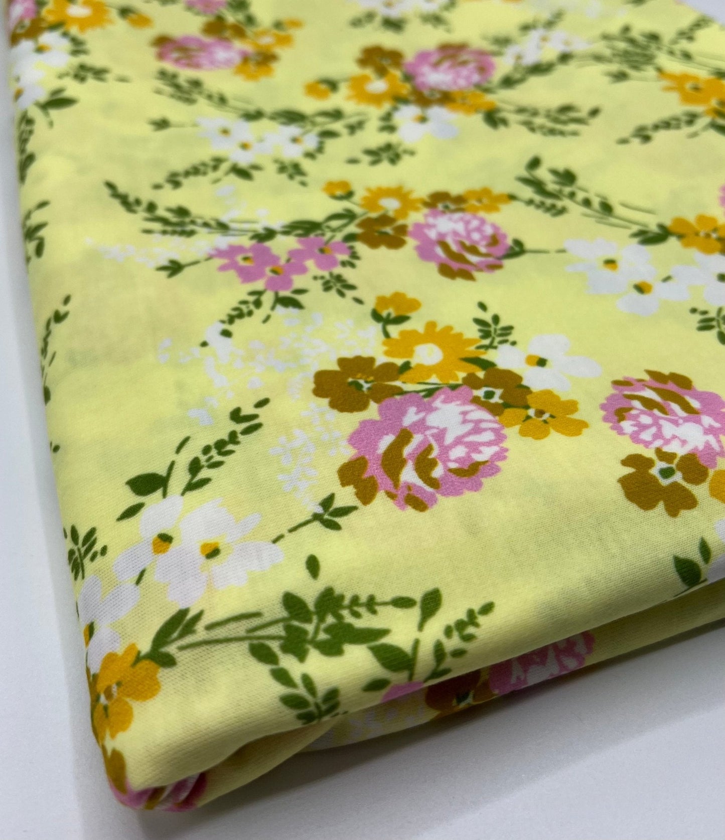 Lemon Yellow Floral Print Spun Poly Stretch Fabric