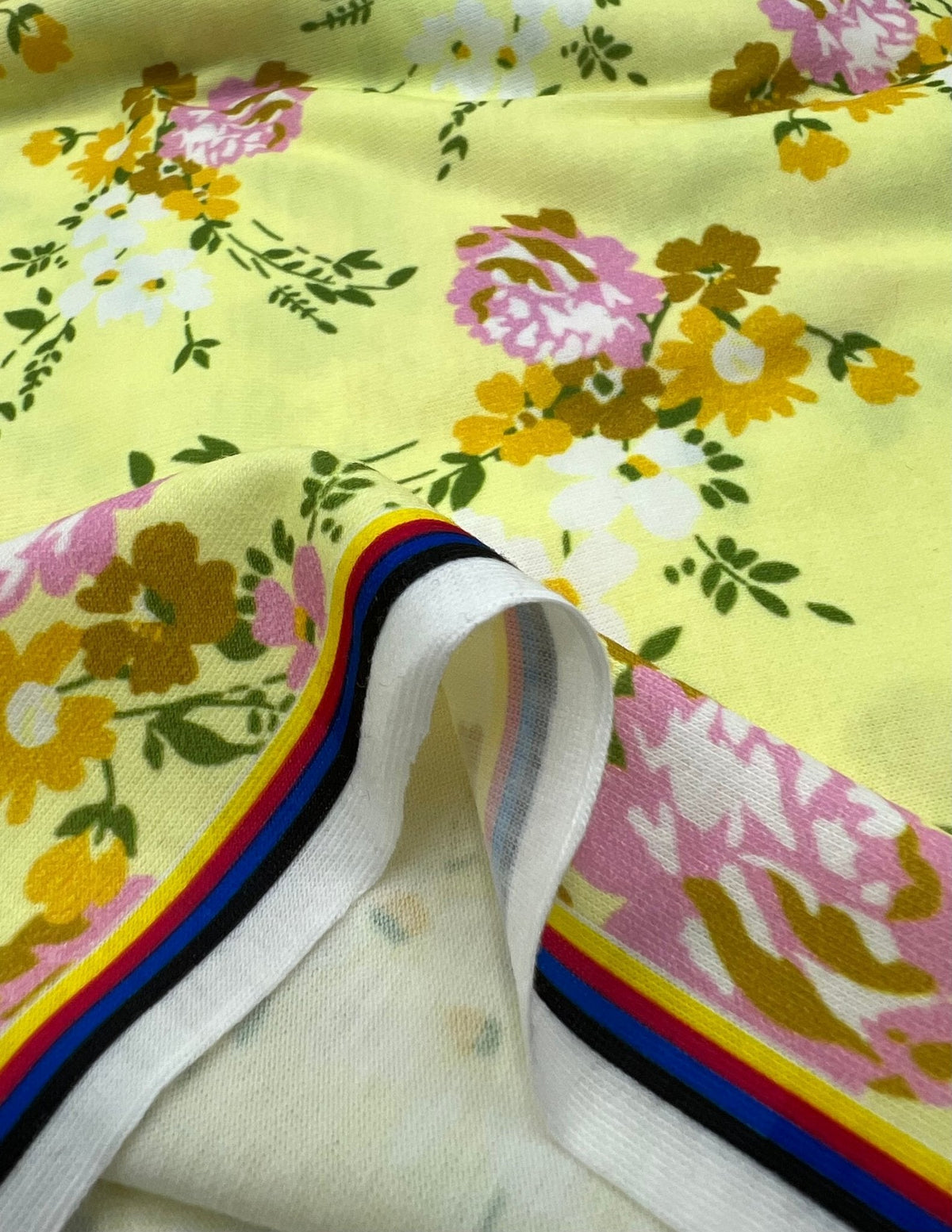 Lemon Yellow Floral Print Spun Poly Stretch Fabric