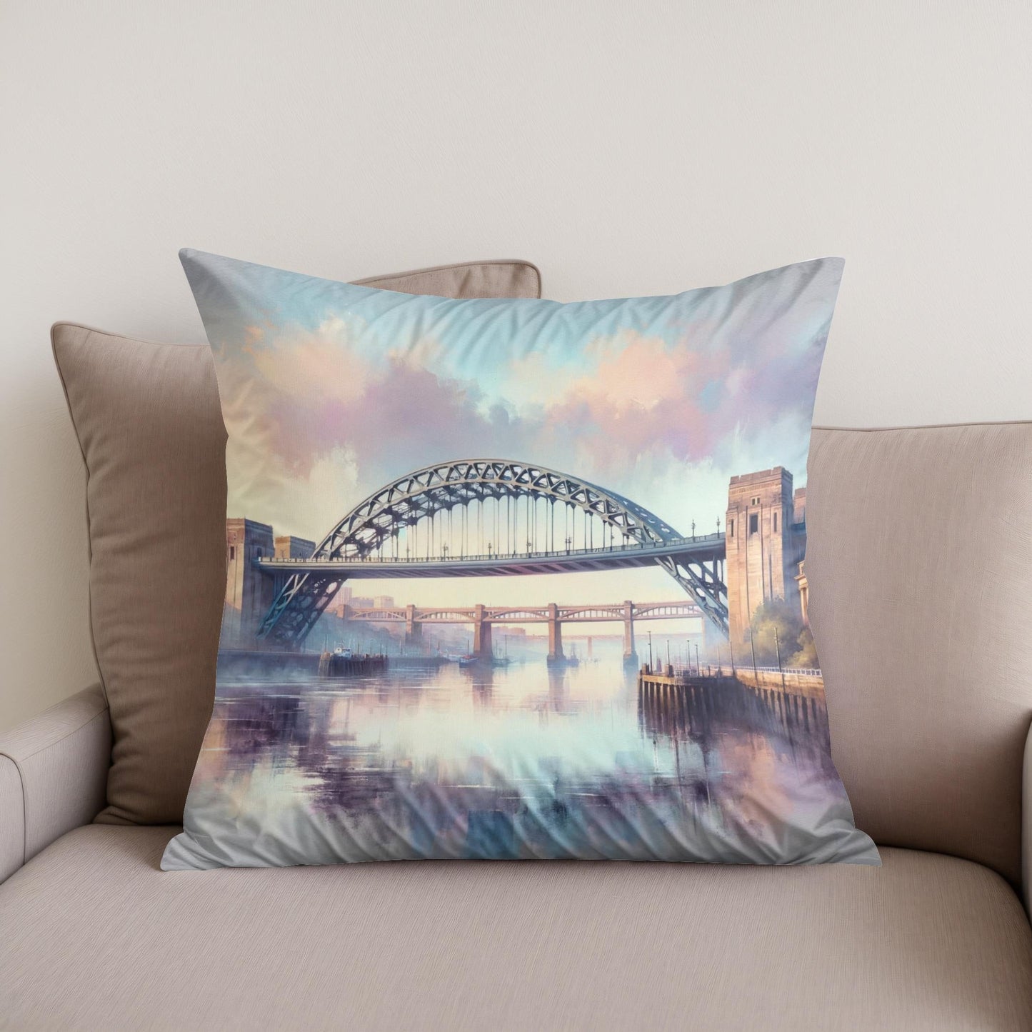 Newcastle Tyne Bridge Dawn Cotton Cushion