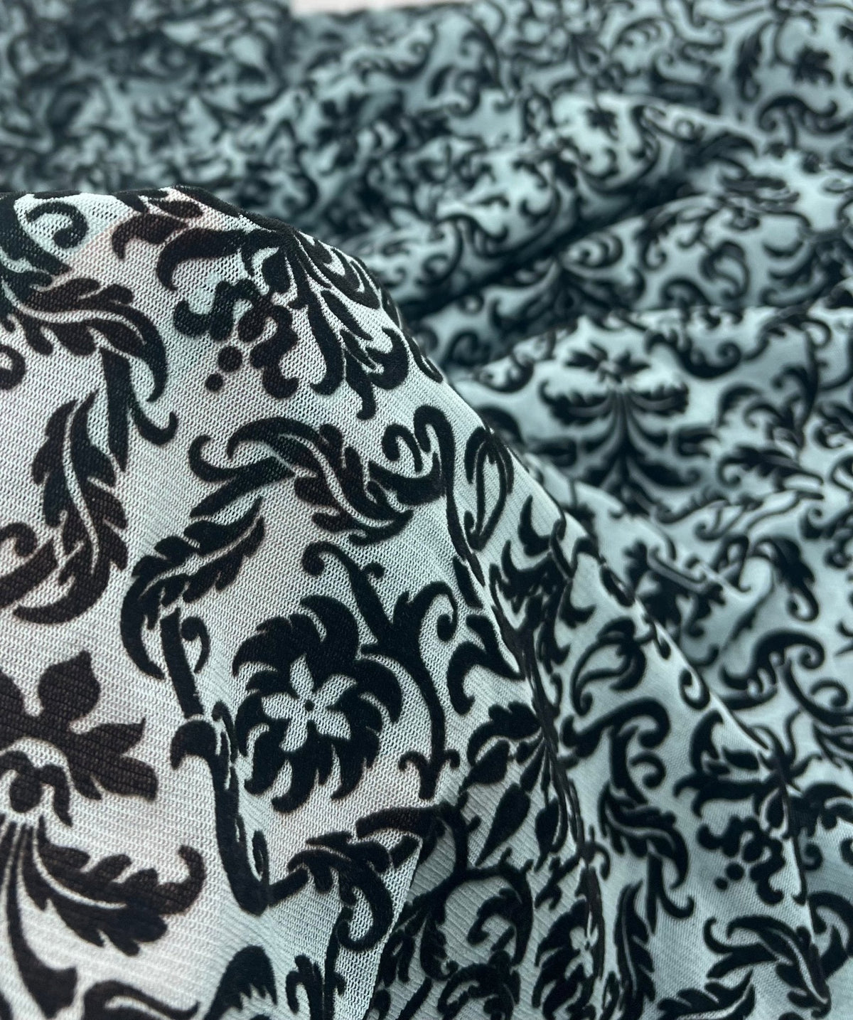Light Blue Embossed Flocked Mesh Fabric 2 Way Stretch