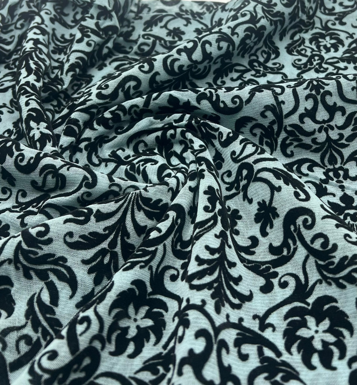 Light Blue Embossed Flocked Mesh Fabric 2 Way Stretch