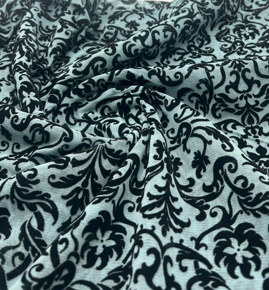 Light Blue Embossed Flocked Mesh Fabric 2 Way Stretch