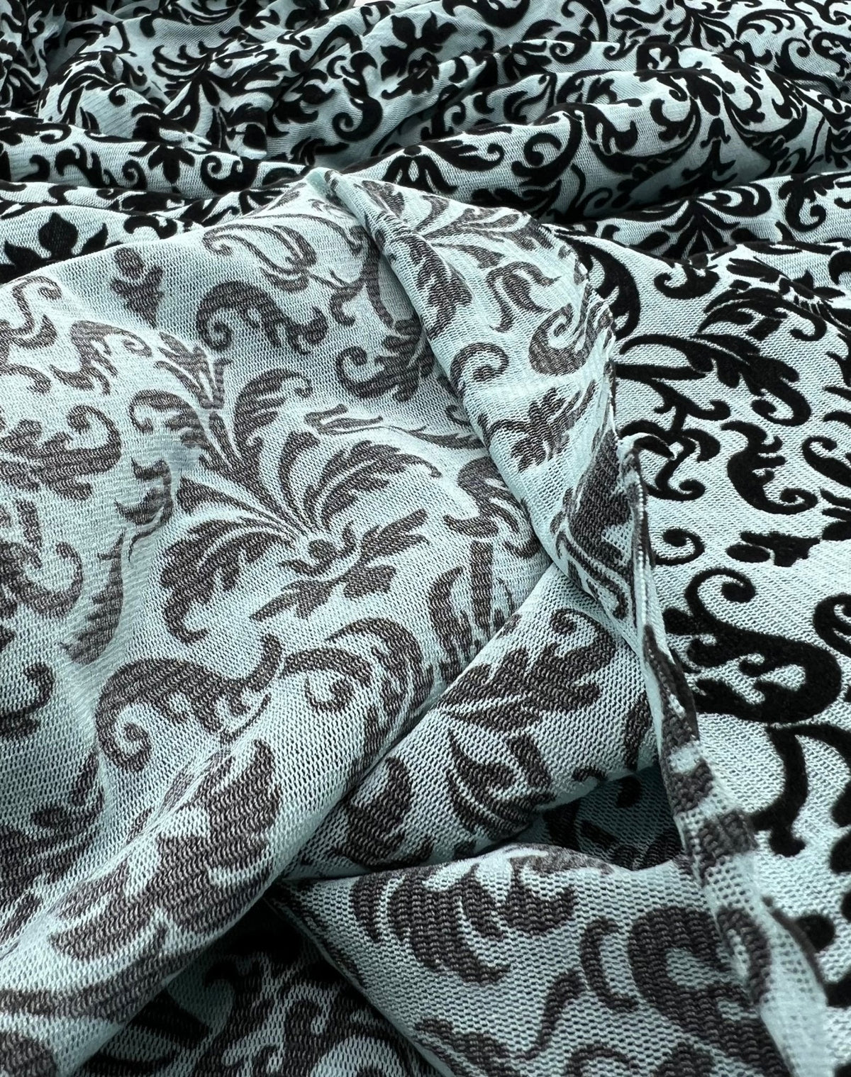 Light Blue Embossed Flocked Mesh Fabric 2 Way Stretch