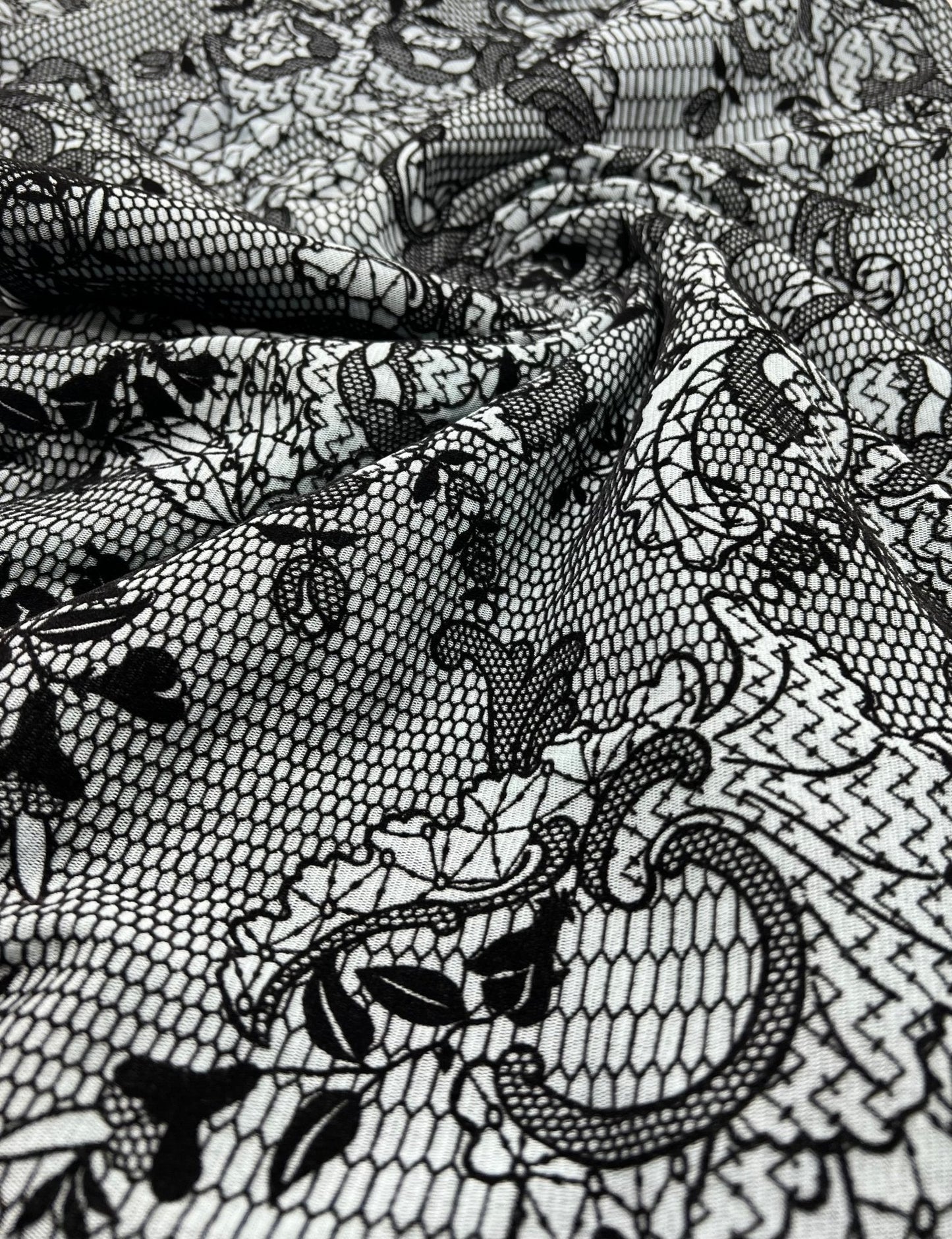 Light Blue Floral Embossed Flocked Mesh Fabric 2 Way Stretch