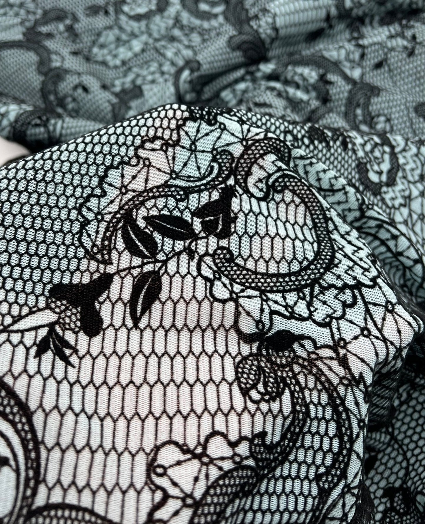 Light Blue Floral Embossed Flocked Mesh Fabric 2 Way Stretch