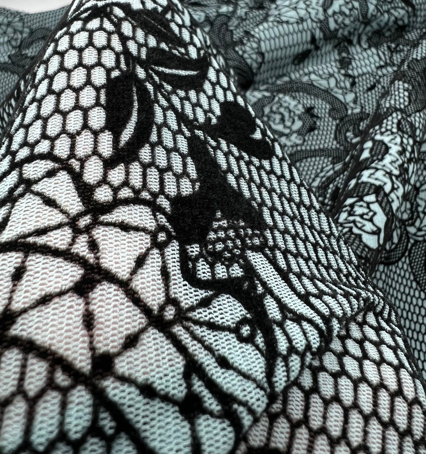 Light Blue Floral Embossed Flocked Mesh Fabric 2 Way Stretch